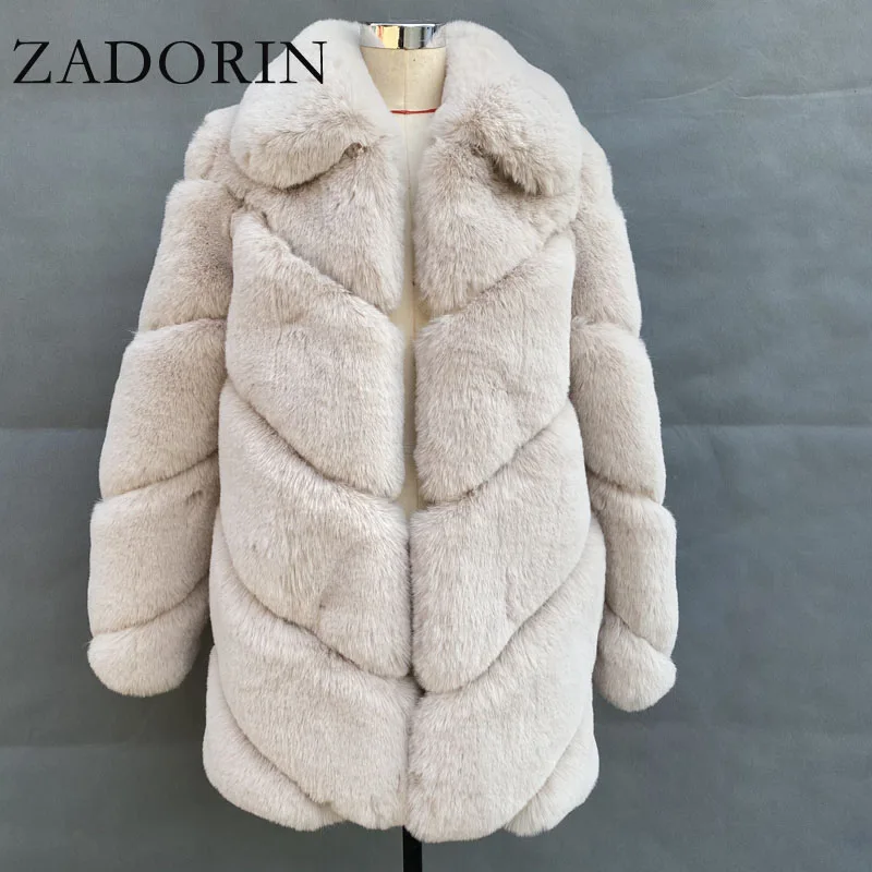 ZADORIN Kış Moda Uzun Yumuşak Faux Tavşan Kürk Ceket Kadınlar Turn Down Yaka Kabarık Sıcak Sahte Kürk Palto ve Ceketler Kadın Ceket Görüntü  4