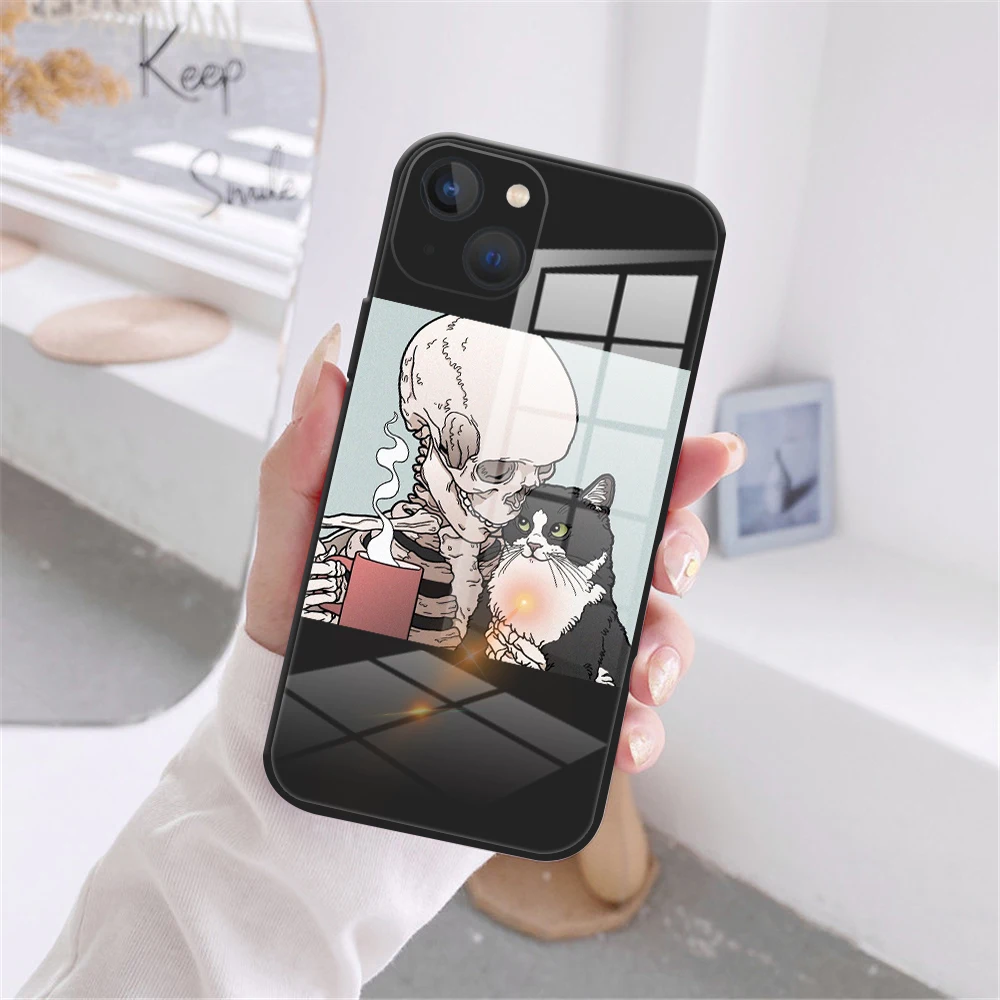 Komik Sevimli Kafatası Kılıfı iPhone 13 12 11 Pro Max 7 8 Artı 13 12 Mini XS Max X XR SE 2020 Siyah Temperli Cam Durumda Görüntü  0