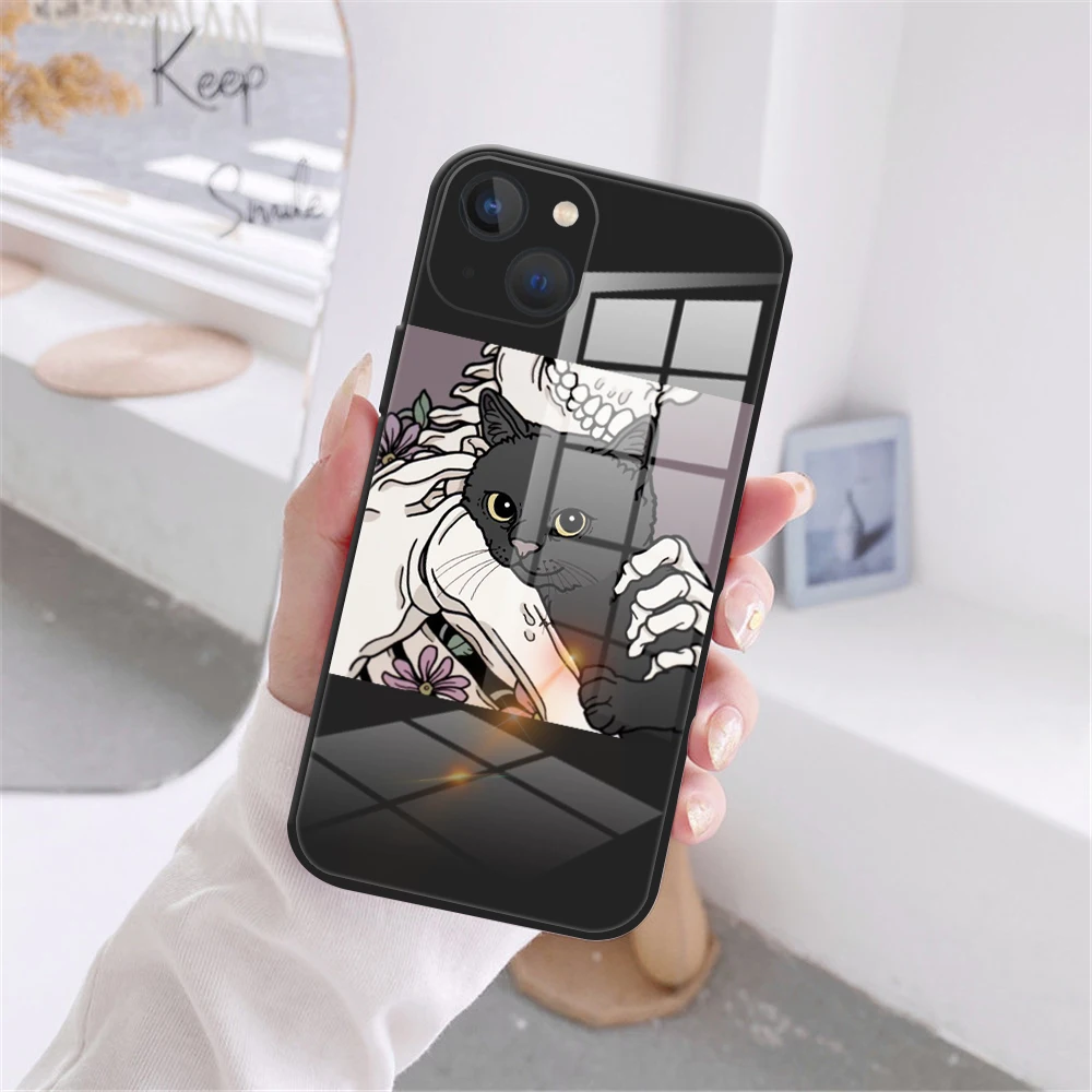 Komik Sevimli Kafatası Kılıfı iPhone 13 12 11 Pro Max 7 8 Artı 13 12 Mini XS Max X XR SE 2020 Siyah Temperli Cam Durumda Görüntü  1