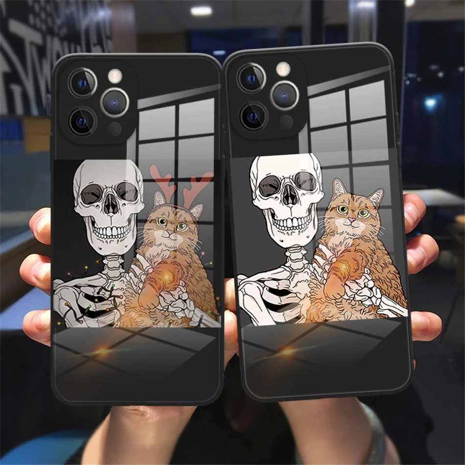 Komik Sevimli Kafatası Kılıfı iPhone 13 12 11 Pro Max 7 8 Artı 13 12 Mini XS Max X XR SE 2020 Siyah Temperli Cam Durumda Görüntü  2