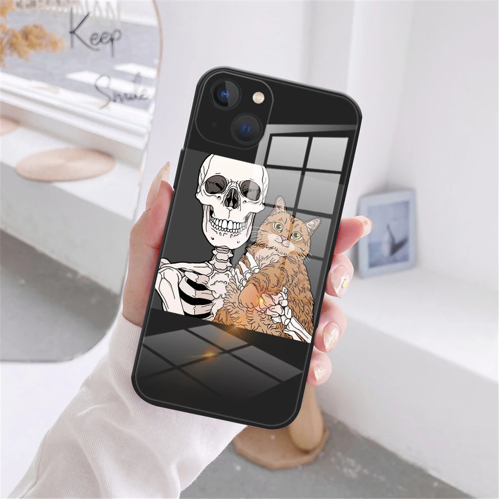 Komik Sevimli Kafatası Kılıfı iPhone 13 12 11 Pro Max 7 8 Artı 13 12 Mini XS Max X XR SE 2020 Siyah Temperli Cam Durumda Görüntü  3