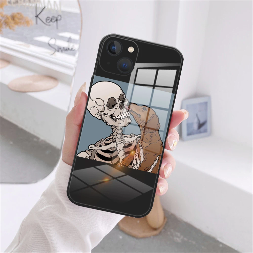 Komik Sevimli Kafatası Kılıfı iPhone 13 12 11 Pro Max 7 8 Artı 13 12 Mini XS Max X XR SE 2020 Siyah Temperli Cam Durumda Görüntü  4