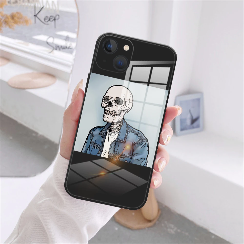 Komik Sevimli Kafatası Kılıfı iPhone 13 12 11 Pro Max 7 8 Artı 13 12 Mini XS Max X XR SE 2020 Siyah Temperli Cam Durumda Görüntü  5