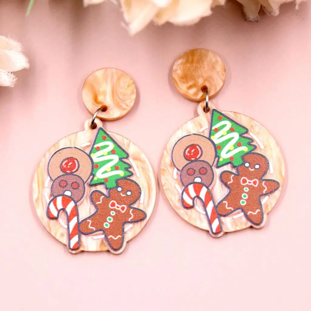 1 çift Yeni ürün CN Damla yuvarlak Zencefilli Kurabiye ağacı Noel sevimli Akrilik küpe Takı kadınlar için Görüntü  3