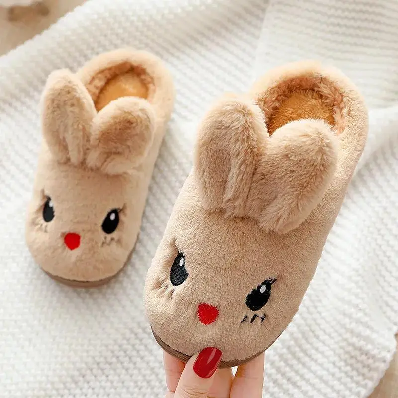 2022 yeni kalınlaşmış sıcak çocuk sonbahar kış pamuklu ayakkabılar sevimli kız tavşan ev kaymaz sıcak yün pamuk terlikler Görüntü  4