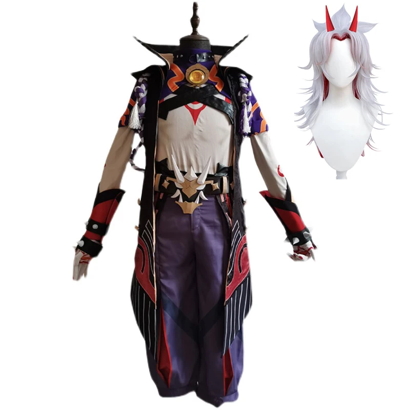 Genshin Darbe Arataki Itto Cosplay Kostüm Peruk Şeytan Boynuzları Anime Oyunu Kıyafet Karnaval Parti Rol Oynamak Giyim Görüntü  4