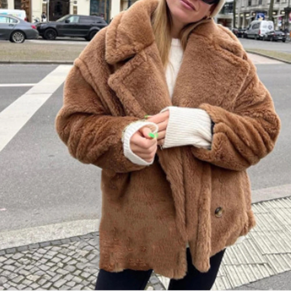 Kadın Kış Büyük Boy Kalın Faux Kürk Ceket Uzun Kollu Dönüş Yaka Tilki Kürk Ceket Dış Giyim Bayanlar Kuzu Yün Ceket Palto Görüntü  3