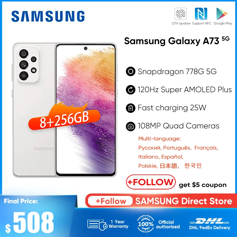 Samsung Galaxy A73 A736BDS 5G Smartphone Snapdragon 778G 5000mAh Pil 120Hz Süper AMOLED Artı 108MP Dört Kameralar Cep Telefonu Görüntü  1