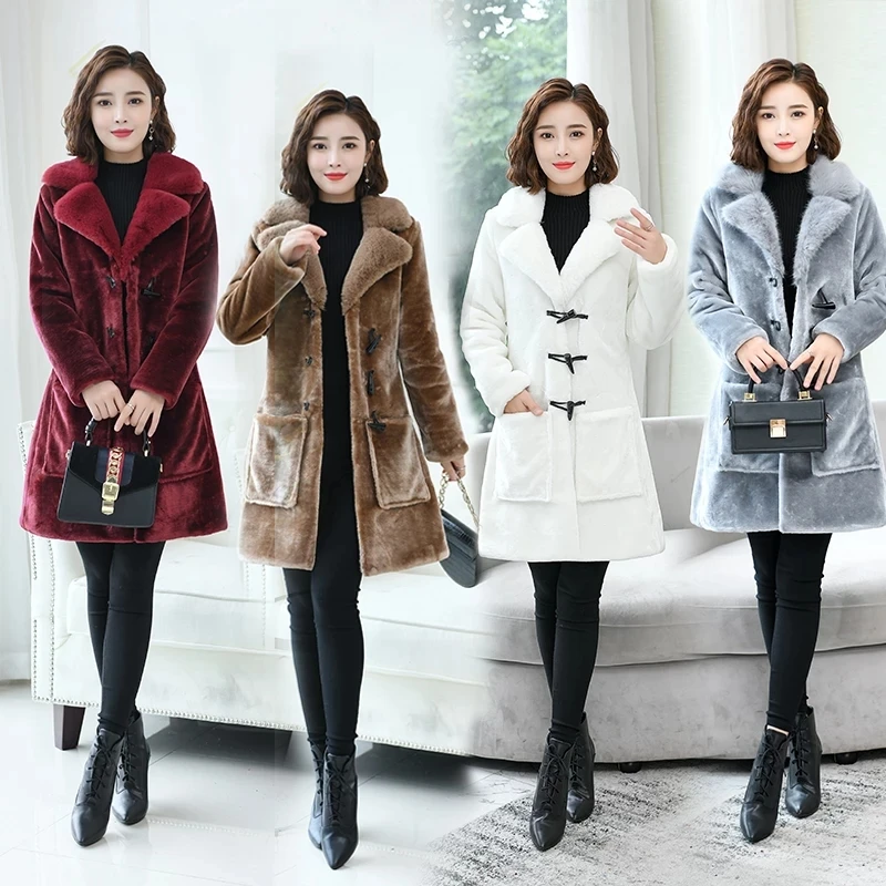 2022 Kış Yeni Koyun Kesme Kürk Ceket Kadınlar Casual Orta Uzunlukta Kore Taklit Tilki Kürk Yaka Kürk Bir Vizon Kadife Ceket 5XLA Görüntü  3