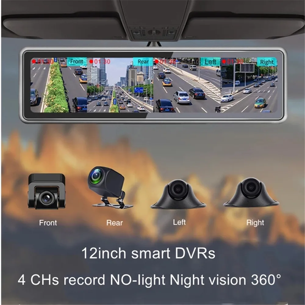 360 ° Panoramik Pano araba dvr'ı 12 İnç Dokunmatik Ekran 4 Kanal FHD 1080P IPS Video Kaydedici 4 Bölünmüş Ekran Dash kamera Görüntü  2