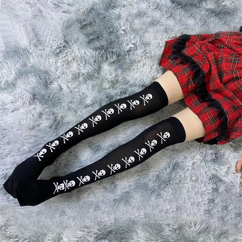 Gotik Kafatası Çorap Yarasa Koyu Uzun Seksi Çorap Cosplay Aksesuarları Dantel Çorap Harajuku Tayt JK Lolita Yüksek Jartiyer Çorap Görüntü  0