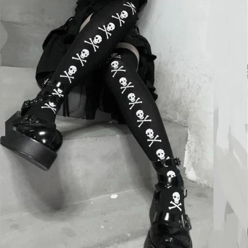 Gotik Kafatası Çorap Yarasa Koyu Uzun Seksi Çorap Cosplay Aksesuarları Dantel Çorap Harajuku Tayt JK Lolita Yüksek Jartiyer Çorap Görüntü  3