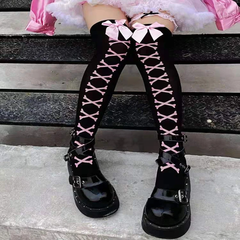 Gotik Kafatası Çorap Yarasa Koyu Uzun Seksi Çorap Cosplay Aksesuarları Dantel Çorap Harajuku Tayt JK Lolita Yüksek Jartiyer Çorap Görüntü  5