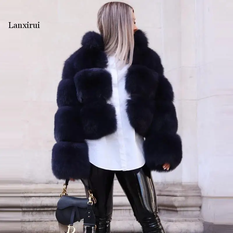 Sahte Tilki Kürk Ceketler Yaka Kadın Şort Kış Sıcak Kalın Kürk Ceket Hakiki PU Tüm Deri Mont Kadın Moda Görüntü  3