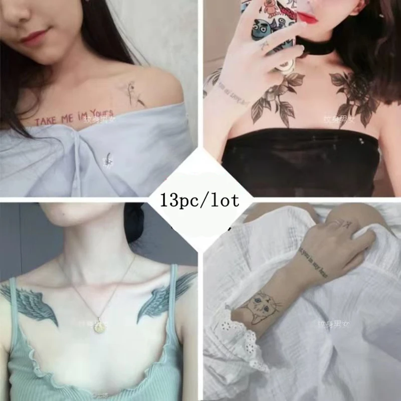 13 adet Seksi Geçici Dövme Çıkartmalar Kadın Kuş Kanatları Yay Su Geçirmez Sanat Sahte Dövmeler Çin Çiçek Kol Klavikula Dövme Seti Görüntü  0