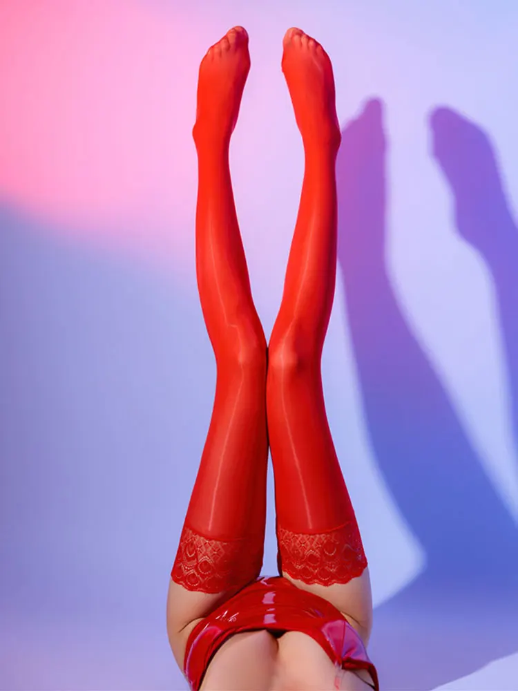 Seksi Kadınlar 5D Yağ Parlak Parlak Çorap Dantel Pürüzsüz Vintage Tayt Şekillendirme Elastik Yüksek Çorap Overknee Şeker Renk Görüntü  4
