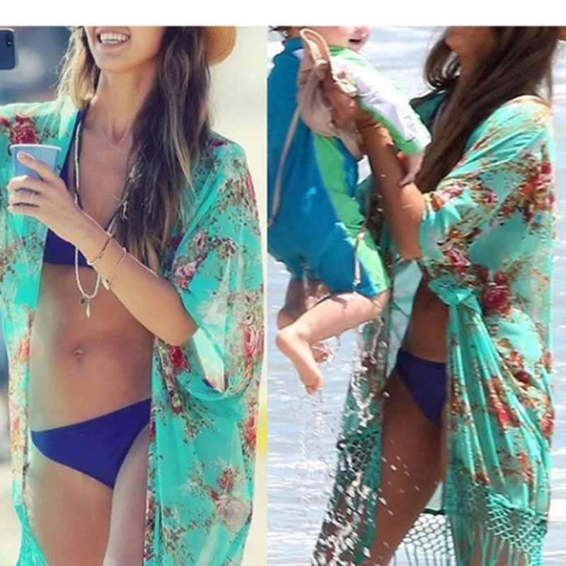 Kadın güneş koruma giyimi Yeşil Saçaklı Şal Bayanlar Plaj Bluz Cover Up Kimono Şifon Gömlek Boho Tunik Kimono Görüntü  2
