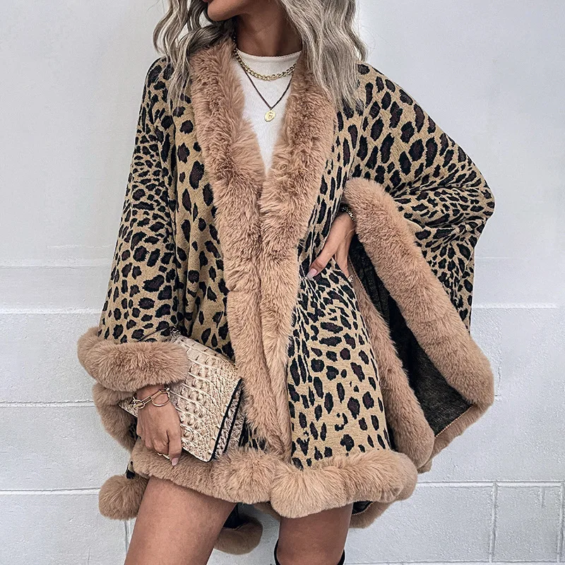 Yeni Rahat Leopar Renk Pelerinler Pançolar Kadın Kış Faux Kürk Yaka Kalın Sıcak Örme Palto Ceket Kadın Dış Giyim Triko Görüntü  0