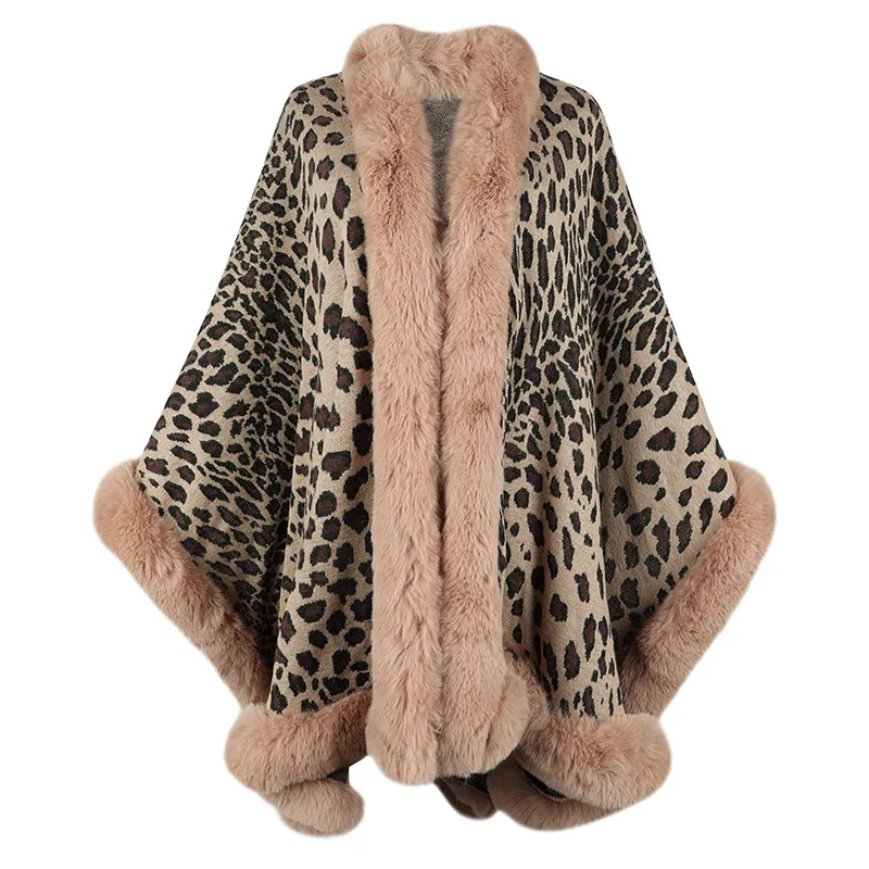 Yeni Rahat Leopar Renk Pelerinler Pançolar Kadın Kış Faux Kürk Yaka Kalın Sıcak Örme Palto Ceket Kadın Dış Giyim Triko Görüntü  1