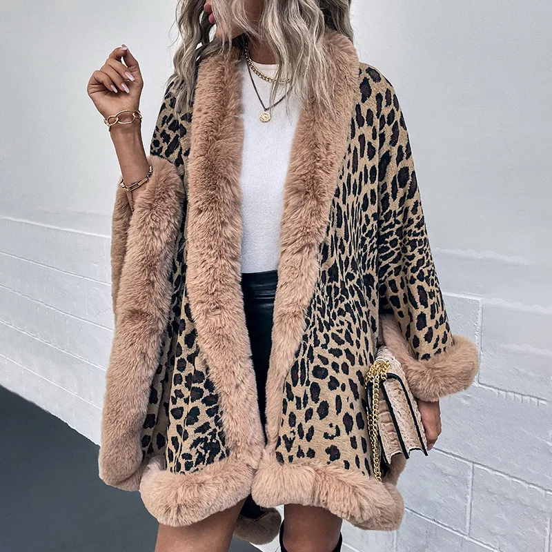 Yeni Rahat Leopar Renk Pelerinler Pançolar Kadın Kış Faux Kürk Yaka Kalın Sıcak Örme Palto Ceket Kadın Dış Giyim Triko Görüntü  2