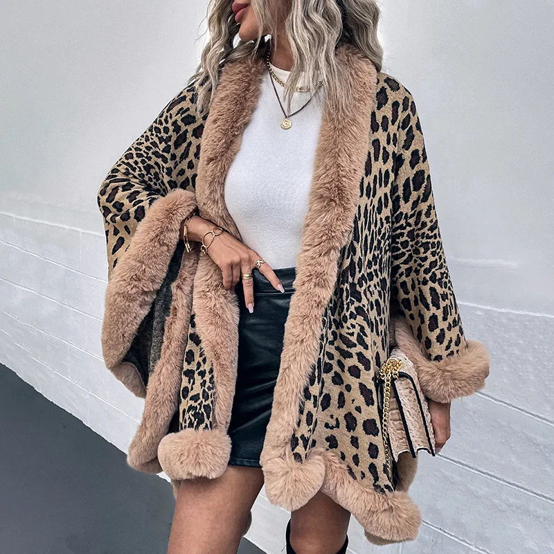 Yeni Rahat Leopar Renk Pelerinler Pançolar Kadın Kış Faux Kürk Yaka Kalın Sıcak Örme Palto Ceket Kadın Dış Giyim Triko Görüntü  3
