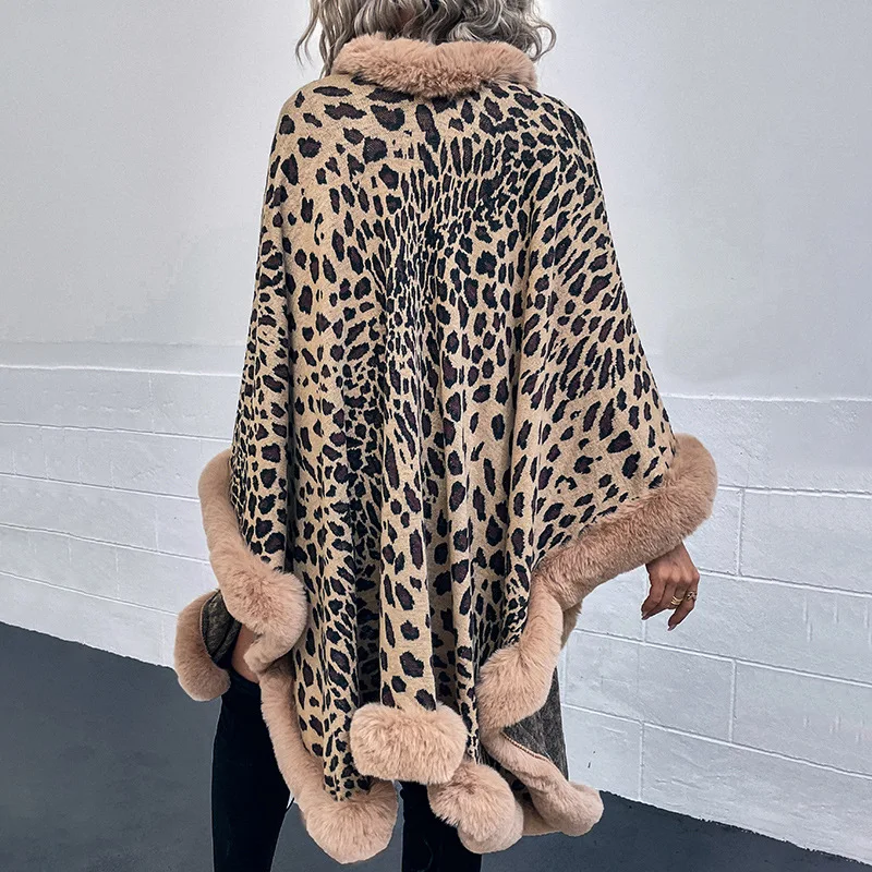 Yeni Rahat Leopar Renk Pelerinler Pançolar Kadın Kış Faux Kürk Yaka Kalın Sıcak Örme Palto Ceket Kadın Dış Giyim Triko Görüntü  4