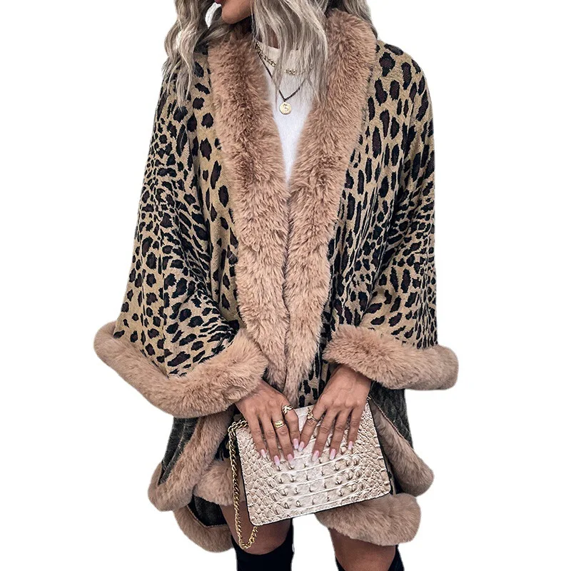 Yeni Rahat Leopar Renk Pelerinler Pançolar Kadın Kış Faux Kürk Yaka Kalın Sıcak Örme Palto Ceket Kadın Dış Giyim Triko Görüntü  5