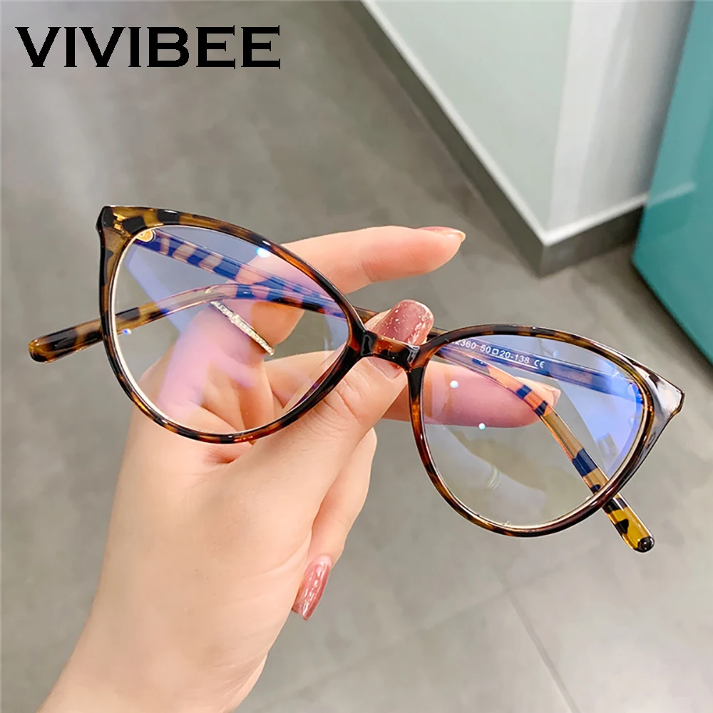 VIVIBEE Kadın Kedi Gözü mavi ışık engelleme Gözlük Ofis Bilgisayar Gözlük Çerçevesi Leopar Bayanlar 2022 Moda Gözlük Görüntü  4