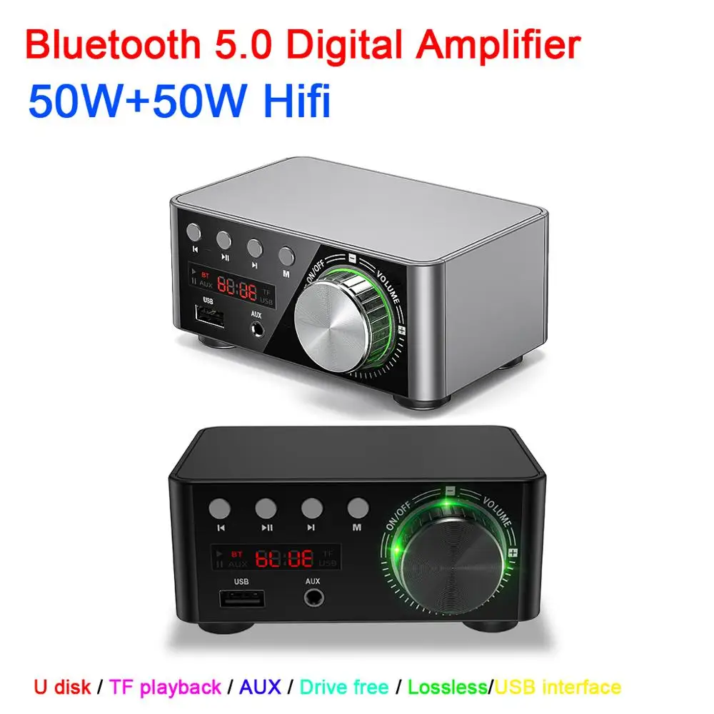 Bluetooth 5.0 HıFı güç amplifikatörü Sınıf D TPA3116 50W + 50W Dijital Amp Stereo ses LED ekran U disk TF MP3 çalar AUX USB Görüntü  1