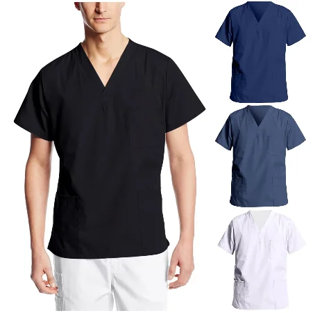 Yaz Seksi Tıbbi Üniforma Erkekler Kısa Kollu V Yaka Üstleri Hemşirelik çalışma üniforması T-shirt Cepler üniforma Görüntü  2
