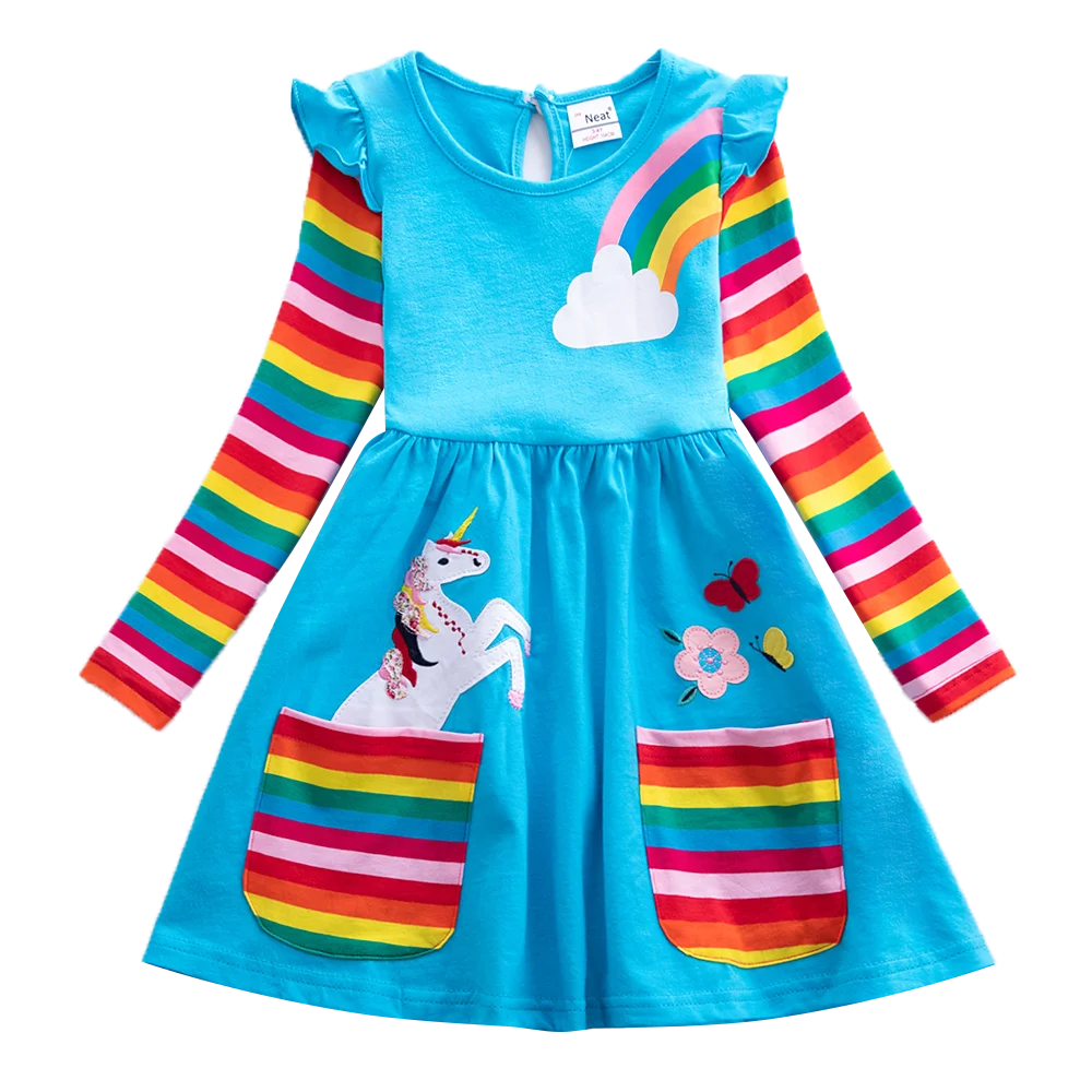Kızlar uzun kollu elbise işlemeli yeni sonbahar cep kollu gökkuşağı pamuklu elbise dış giyim parti çocuk elbise 81035 Görüntü  0