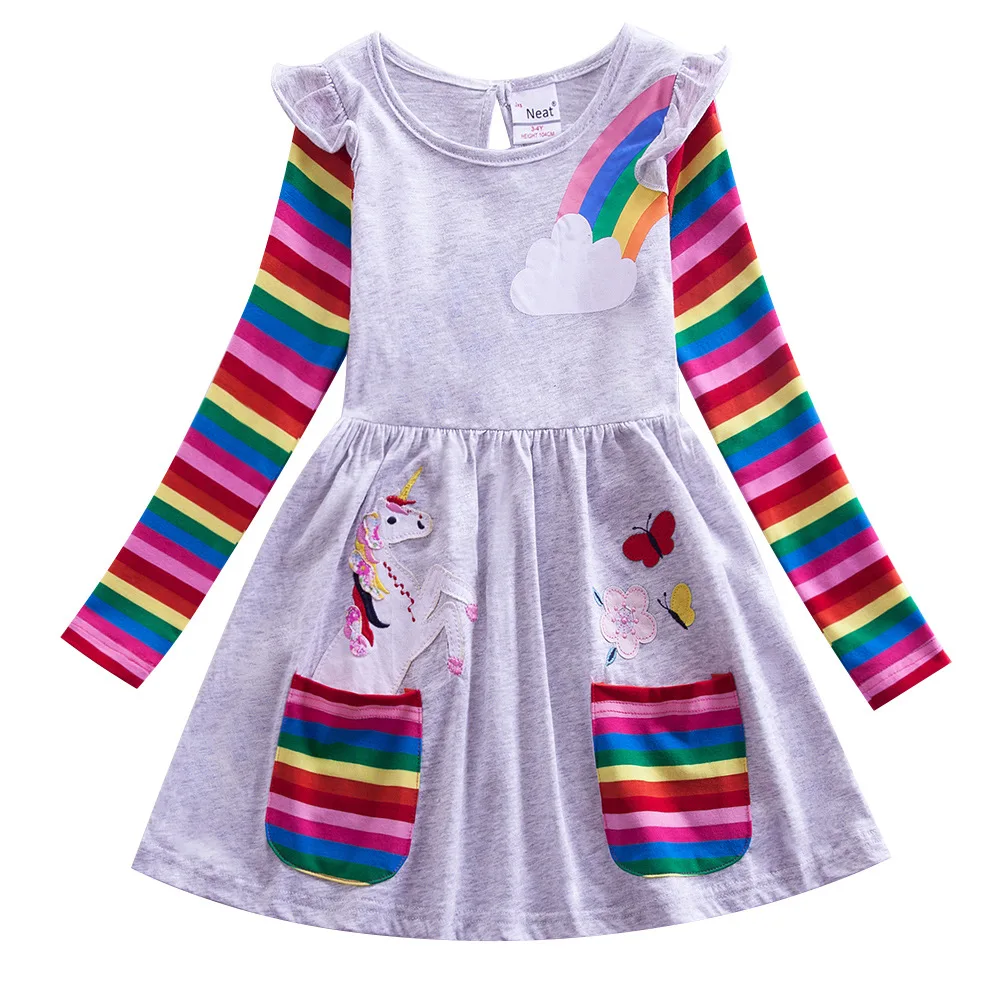 Kızlar uzun kollu elbise işlemeli yeni sonbahar cep kollu gökkuşağı pamuklu elbise dış giyim parti çocuk elbise 81035 Görüntü  1