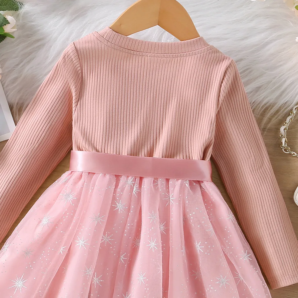 Mizah Ayı Kız Elbise Sonbahar Çocuk Giysileri Uzun Kollu Patchwork Yıldız Örgü Prenses Parti Elbise 3-7 Yıl Görüntü  0