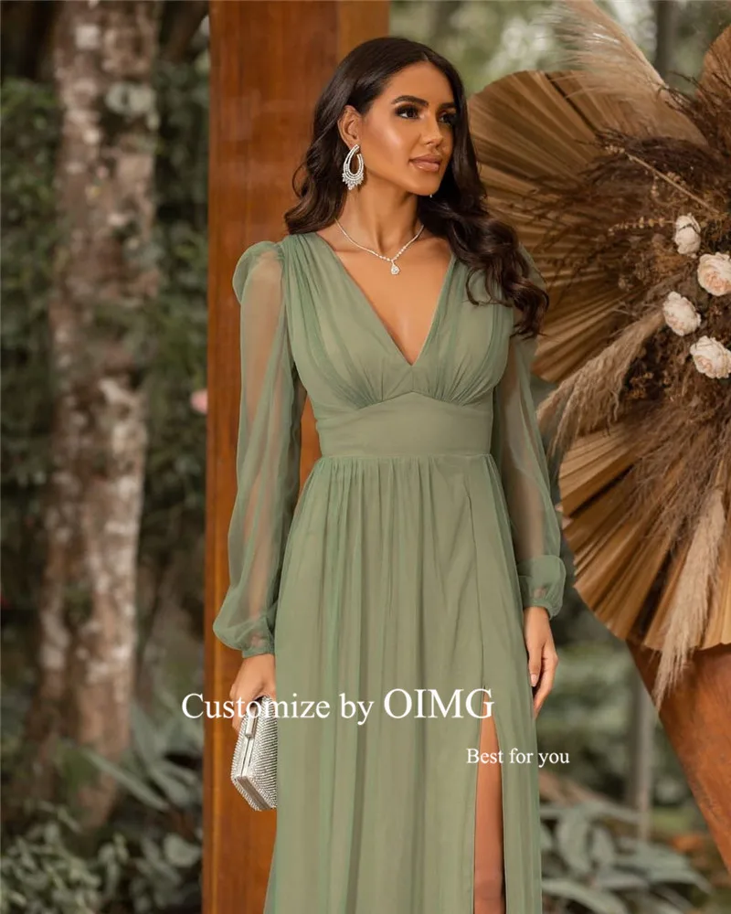 OIMG Basit Açık Yeşil Tül Abiye Uzun Kollu V Boyun Yan Yarık Arapça Kadınlar Örgün Balo Parti Elbise Artı Boyutu 2022 Görüntü  0