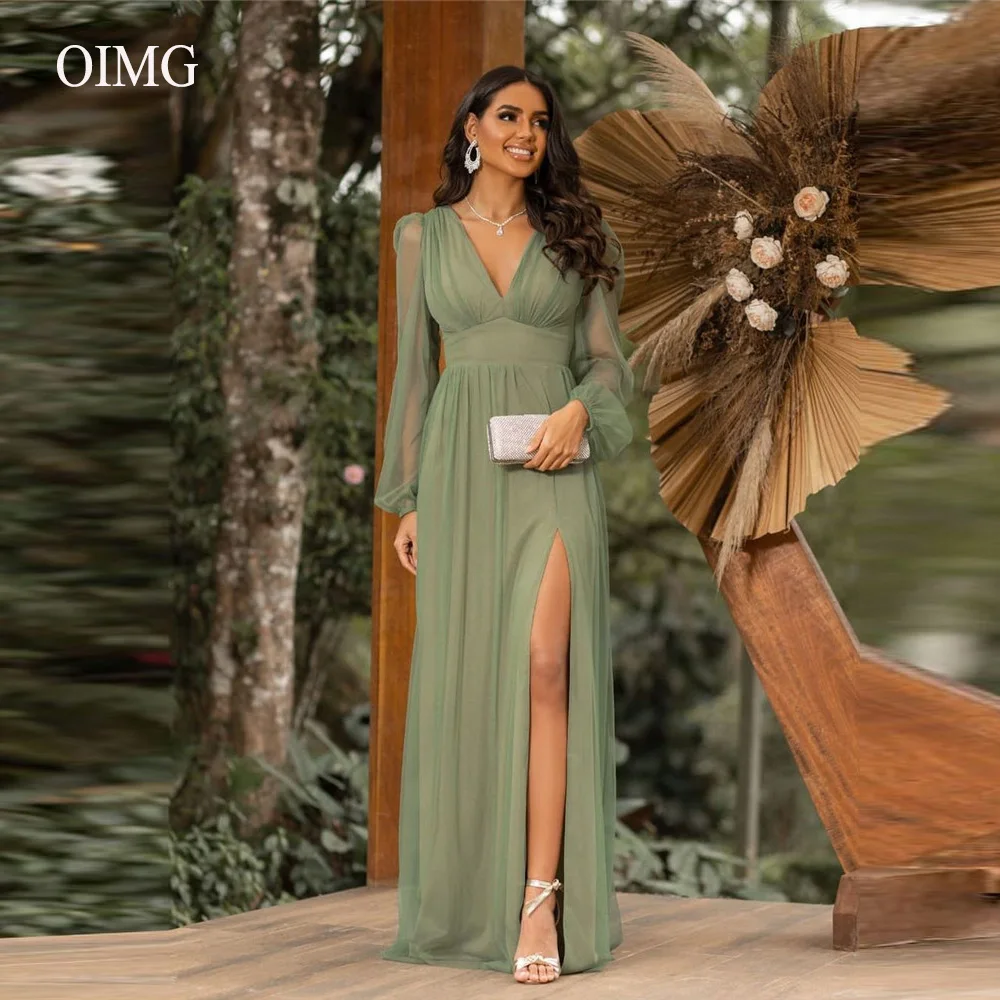 OIMG Basit Açık Yeşil Tül Abiye Uzun Kollu V Boyun Yan Yarık Arapça Kadınlar Örgün Balo Parti Elbise Artı Boyutu 2022 Görüntü  2