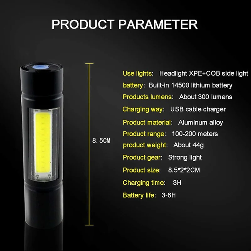 Şarj edilebilir LED el feneri Süper Parlak Mini çalışma ışığı 3 Modu Su Geçirmez Taşınabilir COB Taktik Torch Zumlanabilir kamp feneri Görüntü  3