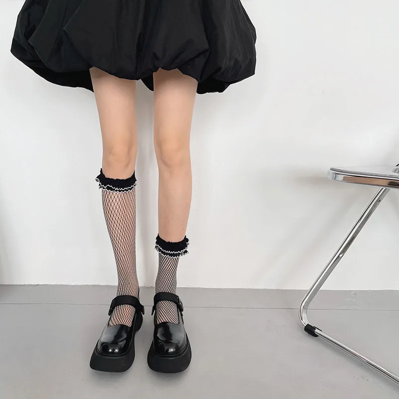 Siyah Fishnet Uzun Çorap Kadın Lolita Fırfırlı diz üstü çorap Kadın şeffaf ağ Çorap Kadın Elastik Calcetine Medias Görüntü  2