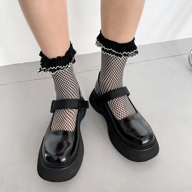 Siyah Fishnet Uzun Çorap Kadın Lolita Fırfırlı diz üstü çorap Kadın şeffaf ağ Çorap Kadın Elastik Calcetine Medias Görüntü  3