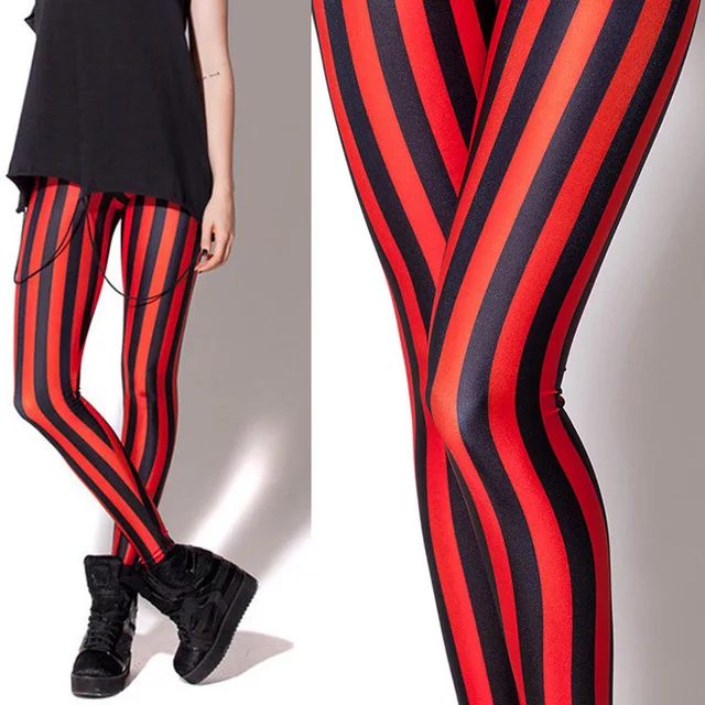 Şerit Tayt Bayan Siyah ve Kırmızı Çizgili Tayt Moda Dikey Çizgili Tayt Süt Zebra Baskı Spandex Tayt Görüntü  1