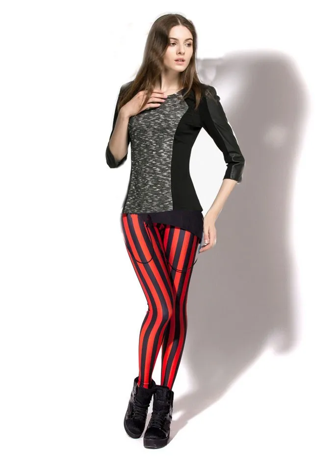 Şerit Tayt Bayan Siyah ve Kırmızı Çizgili Tayt Moda Dikey Çizgili Tayt Süt Zebra Baskı Spandex Tayt Görüntü  3