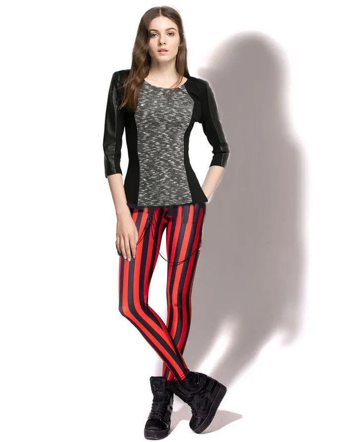 Şerit Tayt Bayan Siyah ve Kırmızı Çizgili Tayt Moda Dikey Çizgili Tayt Süt Zebra Baskı Spandex Tayt Görüntü  4