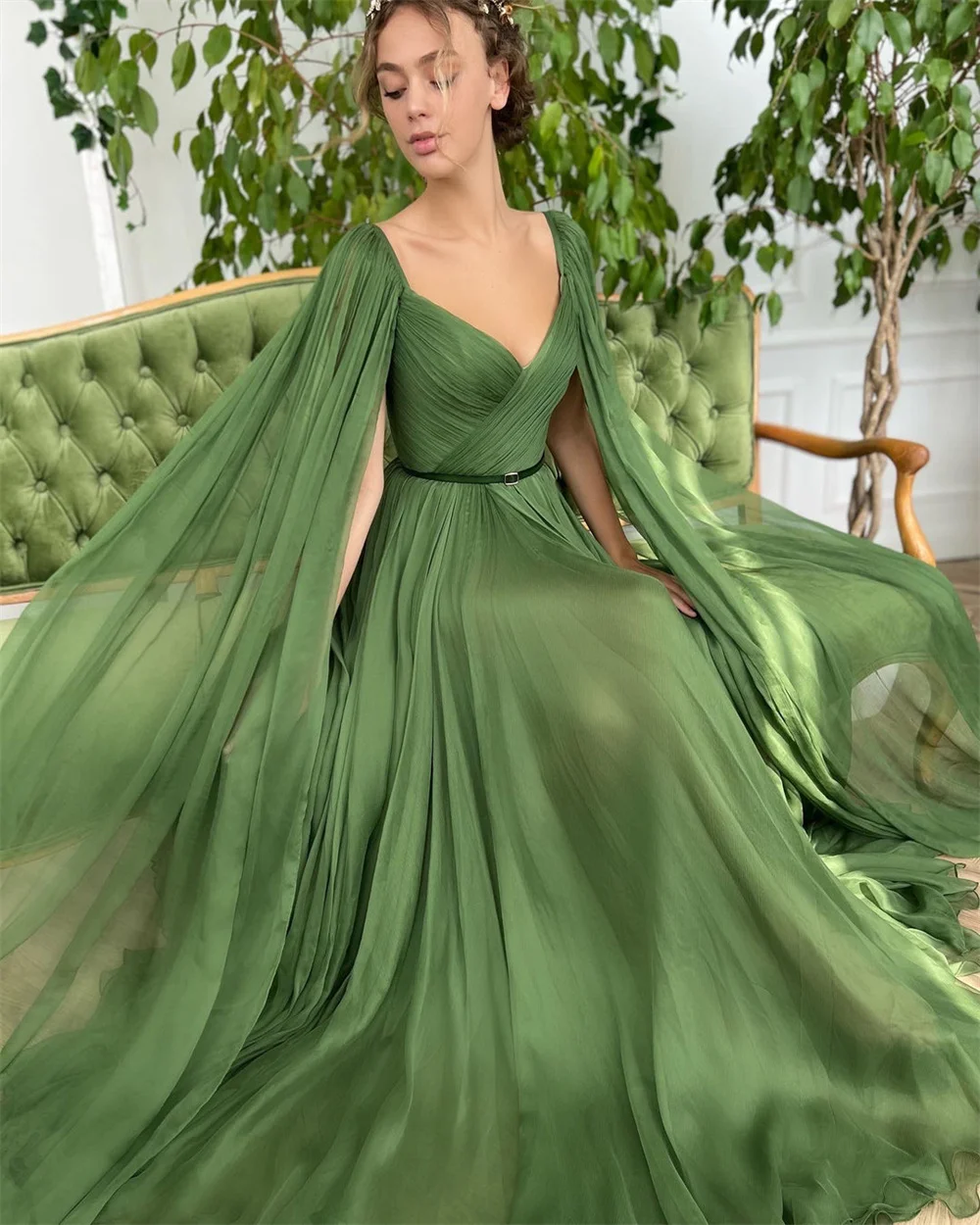 Peri Yeşil A-line Balo Elbise Şal 100D Şifon Parti Elbise Kemer Sweep Tren Abiye Vestidos De Noche Görüntü  4