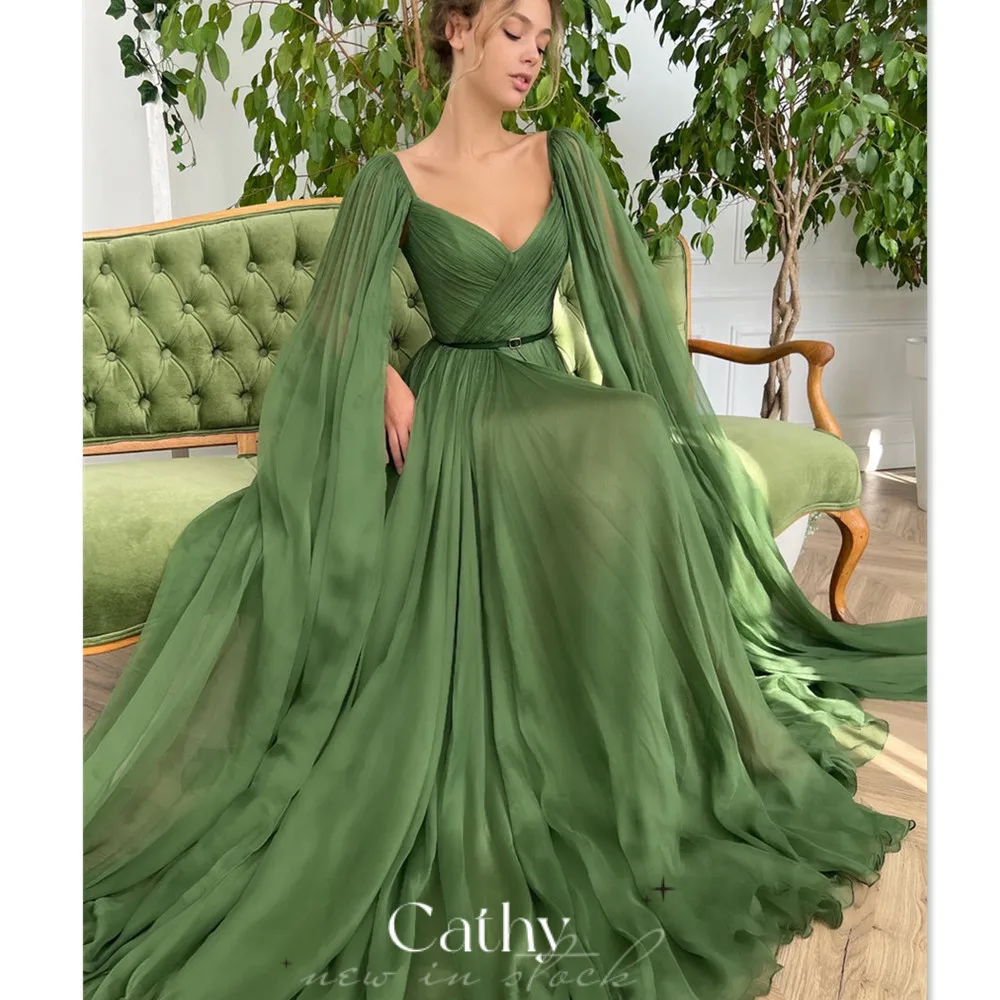 Peri Yeşil A-line Balo Elbise Şal 100D Şifon Parti Elbise Kemer Sweep Tren Abiye Vestidos De Noche Görüntü  5