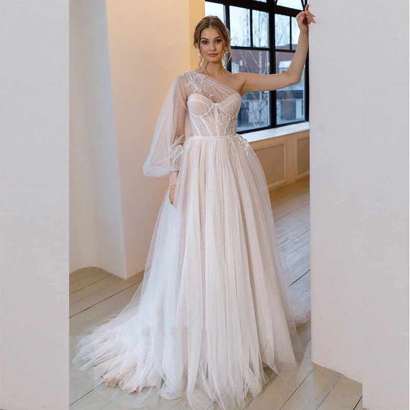 Basit 2022 Plaj Düğün A-Line Bir Omuz Seksi Dantel düğün elbisesi Vestidos De Novia Korse Boho Gelin Elbise Kat Uzunluk Görüntü  3