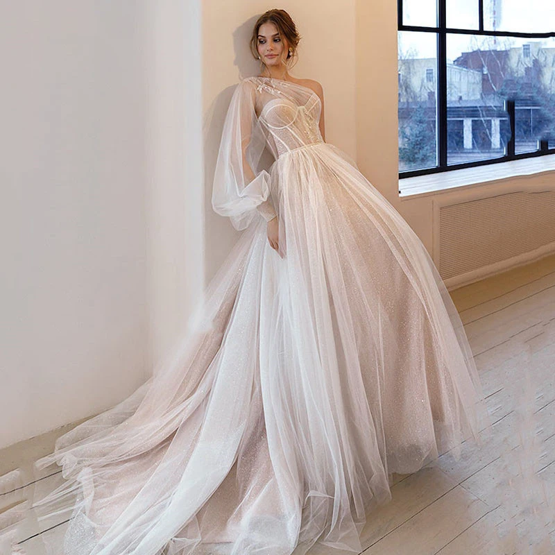 Basit 2022 Plaj Düğün A-Line Bir Omuz Seksi Dantel düğün elbisesi Vestidos De Novia Korse Boho Gelin Elbise Kat Uzunluk Görüntü  5