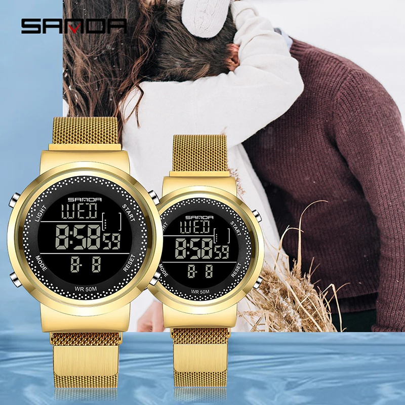 SANDA Moda Altın dijital saat Erkekler Kadınlar Çift Kol Saatleri Chrono Saatler 5Bar Su Geçirmez Spor Saatler Kadınlar Erkekler İçin Görüntü  5