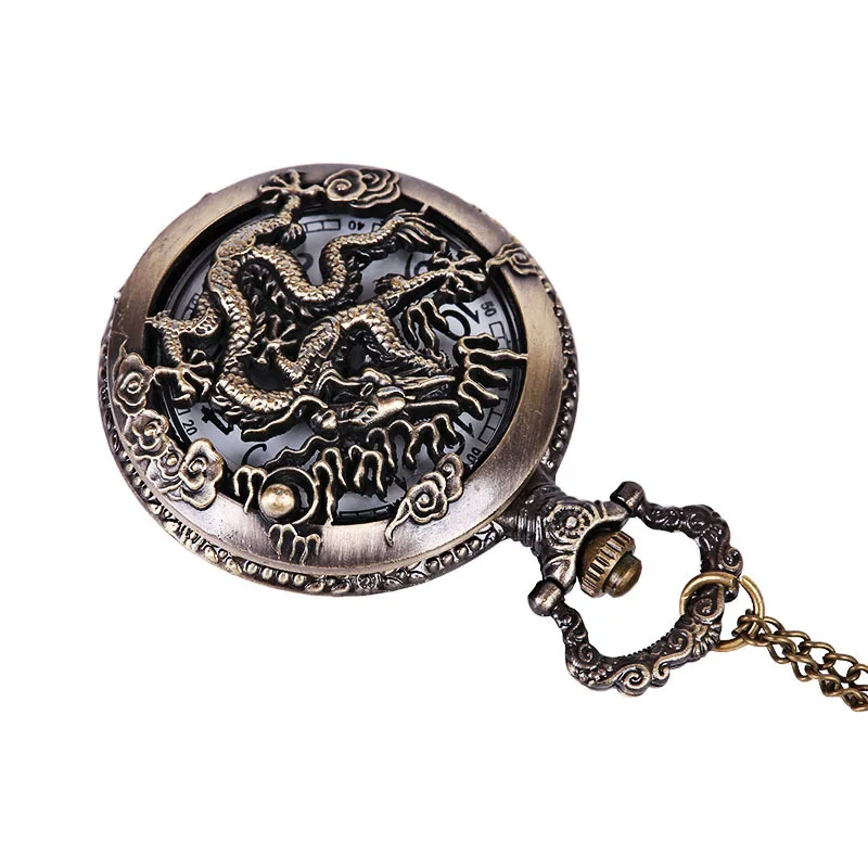 Vintage Lüks Ejderha Oyma Kuvars cep saati Erkekler Kadınlar için Oyulmuş İçi Boş Durumda Fob Zinciri Bronz Saat Koleksiyonu Hediye Görüntü  3