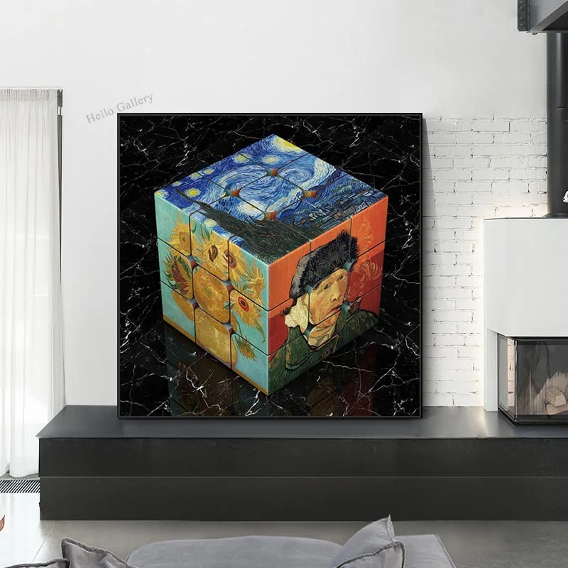 Komik Küp Tuval Boyama Duvar Sanatı Ünlü Resim Sanatçısı Van Gogh Da Vinci Posterler Baskılar Oturma Odası Için Modern Ev Görüntü  0