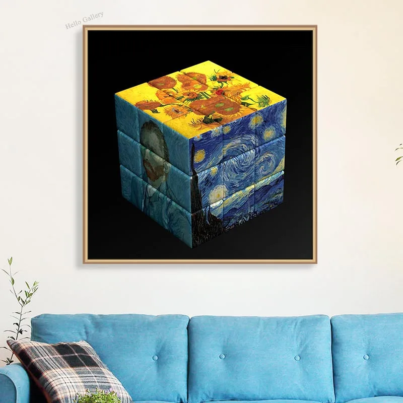 Komik Küp Tuval Boyama Duvar Sanatı Ünlü Resim Sanatçısı Van Gogh Da Vinci Posterler Baskılar Oturma Odası Için Modern Ev Görüntü  1