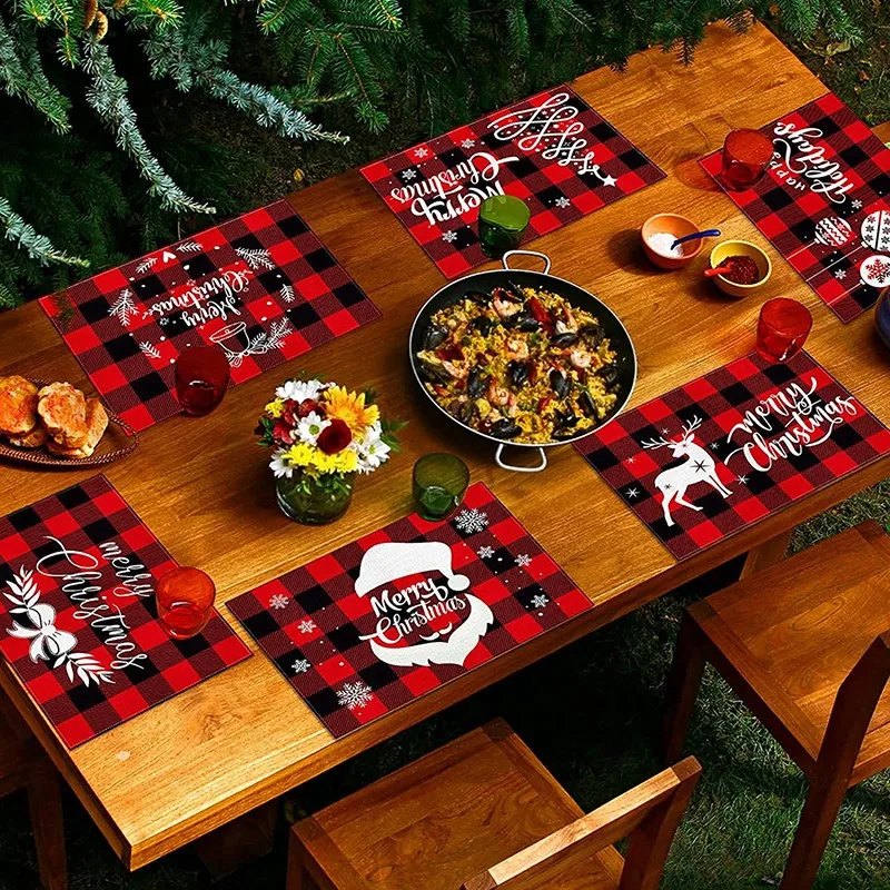 Noel Placemat baskılı kırmızı ve siyah ekose pamuk ve keten Kumaş Batı yemeği Mat masa Anti-leke ısı yalıtım matı Görüntü  0